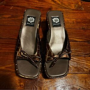 Vintage Yellow Box Metallic Bronze Croc-Embossed Slide Mules with Bow